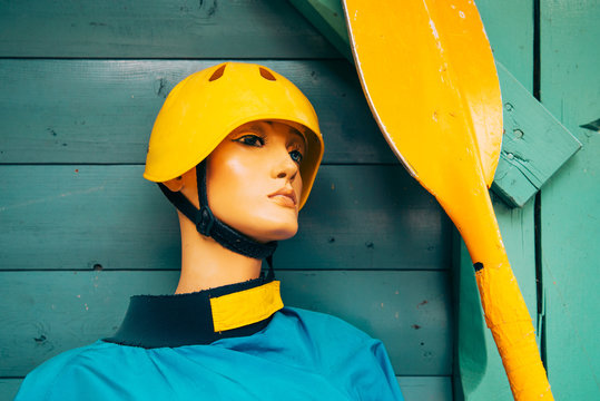 Mannequin with kayaking equipment