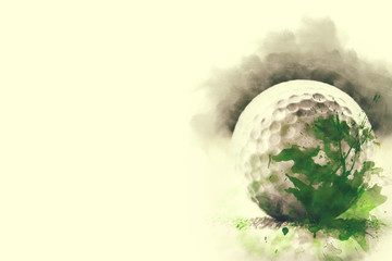 Abstract colorful a Golf ball on the green carpet backdrop, Golf ball on green watercolor painting background,