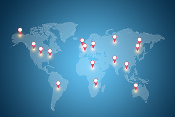Naklejka premium Google pins on a world map 