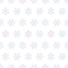 Subtle blue and pink snowflakes on white seamless pattern, vector