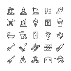 Building Construction Elements and Tools Black Thin Line Icon Set. Vector