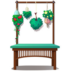 Interior decor with hanging plants and flowers. Vector Illustration in cartoon style isolated on white background