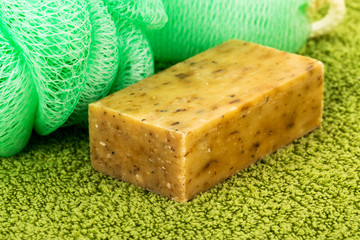 bar of soap, bast, towel