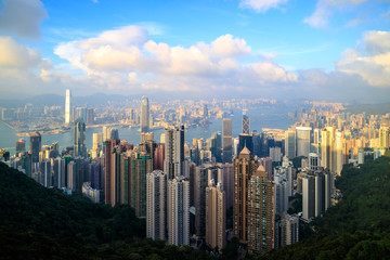Fototapeta na wymiar Hong Kong skyline and Victoria harbor. View from the Peak in evening