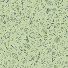 Vector hand drawn seamless pattern with autumn elements contours: foliage, berries, acorns, mushrooms, oak and maple leaves, rose hips and hedgehogs on the green background. Fall ornament.