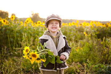 Cheerful little boy in a field of sunflowers.