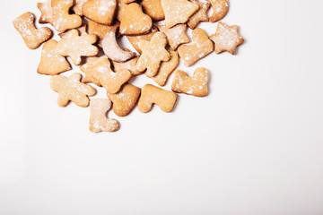 Gingerbread on white background.Copy space.Minimalistic style.Top view.Flat lay.