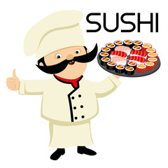 Chef with sushi rolls.
