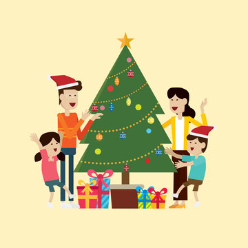 Family in the Christmas day and decoration vector.