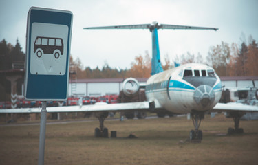old rusty abandoned airplanes, close-up with gray sky