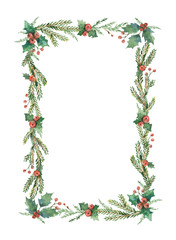 Watercolor vector Christmas frame with fir branches and place for text.