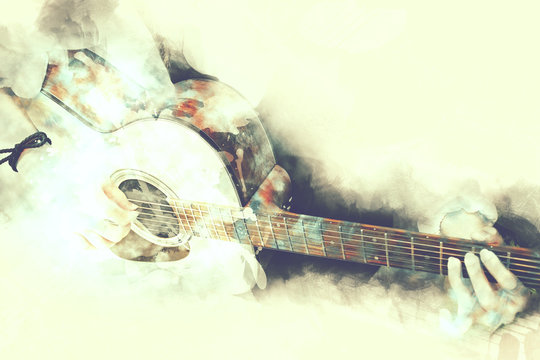 Abstract beautiful playing Guitar in the foreground, Watercolor painting background and Digital illustration brush to art.

