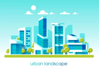 Schilderijen op glas Green energy and eco friendly city. Modern architecture, buildings, skyscrapers. Flat vector illustration. 3d style. © Formfrom.design