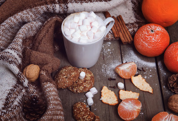 Fototapeta na wymiar Hot cocoa with marshmallows with spices on the old wooden boards.
