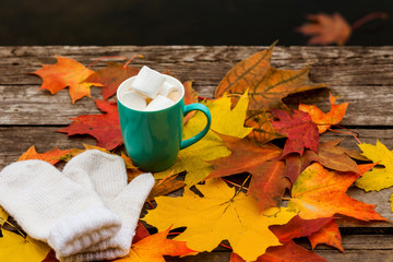 Coffee Cup of cappuccino and autumn leaves with mittens and marshmallows in the background of old dark wooden floorboards.