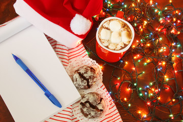 Santa's preparation for christmas presents delivery: winter hot spicy drink cacao with marshmallows, open notebook and christmas chocolate cookies on background of striped blanket and electric lights