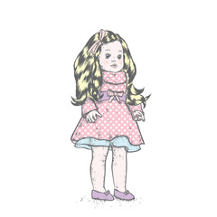 A beautiful doll in a dress and children's toys - a ball, a clock, a designer and sunglasses. Vector illustration. Cute Girl.