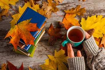 Autumn. Hands holding a Cup of tea. Books colorful.