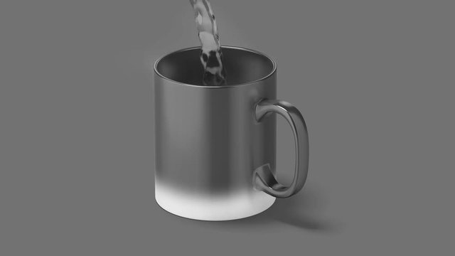 Blank white reactive mug mockup, filling up with hot boiling water, 3d rendering. Clear chameleon heat sensitive coffee cup mock up with all nessesary masks. Morph tea pot activation isolated.