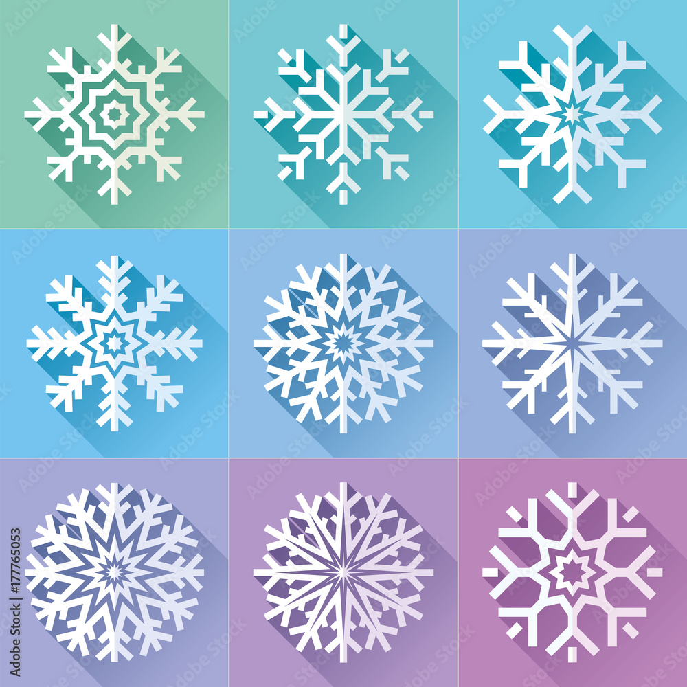 Poster snowflakes icon set in flat style on color background. ice crystal. vector winter design element for