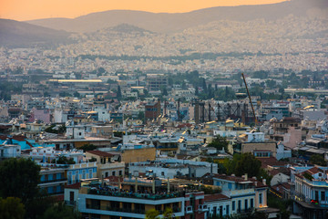Panoramic view on Athens. Urbanization and city lifestyle.