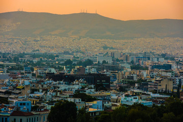 Panoramic view on Athens. Urbanization and city lifestyle.