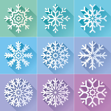 Snowflakes icon set in flat style on color background. Ice crystal. Vector winter design element for you Christmas and New Year's projects
