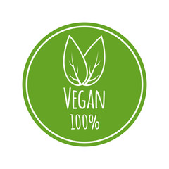 Vegan vector logo. Round eco, green logo. Vegan food sign with leaves. Tag for cafe, restaurants, packagingdesign - obrazy, fototapety, plakaty