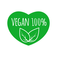 Vegan food sign with leaves in heart shape design. Vegan vector logo. Eco green logo. Raw, healthy food badge