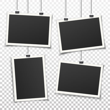 Set of 4 vintage photo frames. Vintage style. Vector illustration. Photorealistic Vector EPS10 mockups. Retro photo frame templates hanging on wall for your photos.