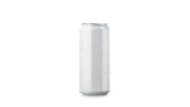Blank big cold aluminium beer can mockup with drops, 500 ml, looped rotation, 3d rendering. Empty soda tin packing mock up with condensate, isolated on white. Canned dripping drink. Fizzy pop package