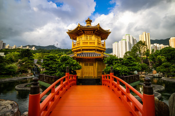 Nan Lian garden with golden pavilion, Hong Kong. A public chinese classical park in Diamond Hill, Kowloon