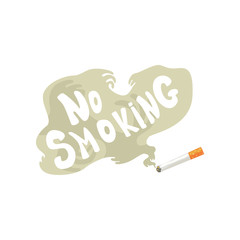 Burning cigarette with smoke and No smoking inscription, bad habit, nicotine addiction cartoon vector Illustration