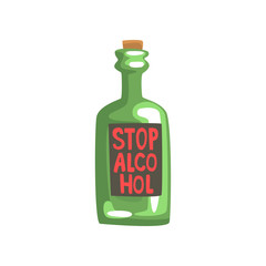 Stop alcohol bottle, bad habit, alcohol addiction cartoon vector Illustration