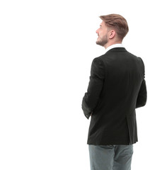 Business man looking at something  isolated on white background