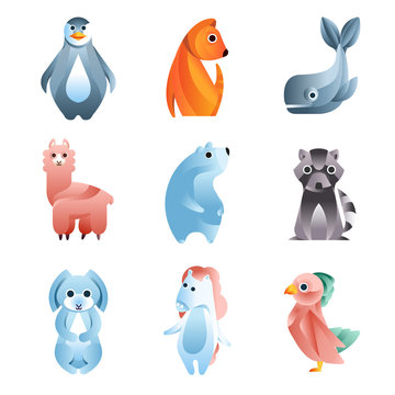 Animals in a geometric flat style with the use of gradients and smooth shapes set of colorful vector Illustrations