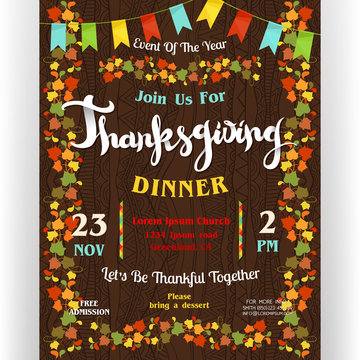 Thanksgiving dinner poster template with border from autumn leaves and flags garland.