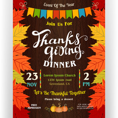 Thanksgiving dinner poster template with border from autumn leaves of maple. - 177768079