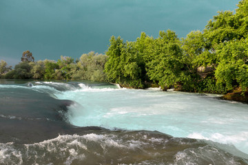 Water rapids. Mountain river, forest green rapid waterfall. Mountain river, beautiful mountain shoal water.
