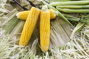 Large boiled corn at the village market.
