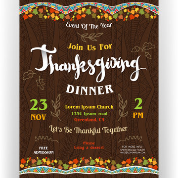 Thanksgiving dinner poster template with colorful garlands with autumn leaves and doodle details.