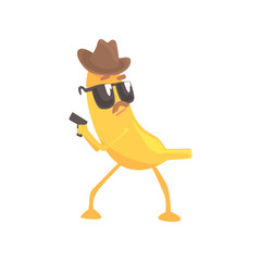Detective banana with gun, cartoon funny fruit character vector Illustration