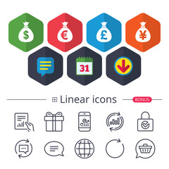 Money bag icons. Dollar, Euro, Pound and Yen.