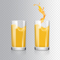 Orange juice in a glass. Transparent realistic vector illustration
