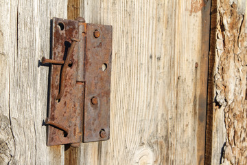Old wood barn door with rusty nails and hinge