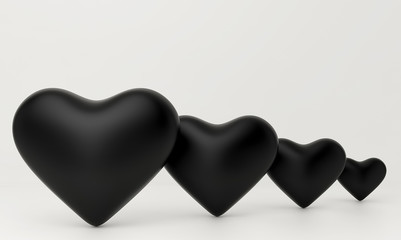 Four black hearts on white background. 3d render