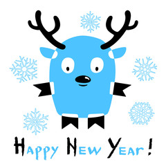 Happy New Year card with a stylized deer on white background