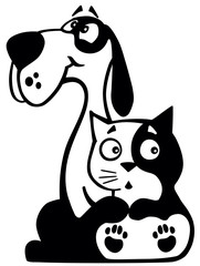 dog and cat together . Black and white cartoon logo