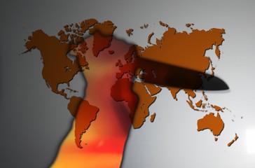 Red hand with knife on world map. Crime concept. Elements of this image furnished by NASA.