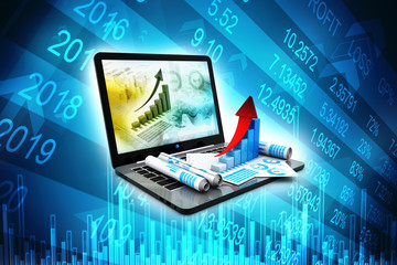 Business analyze. Laptop, graph and diagram. Stock market Concept. 3d render